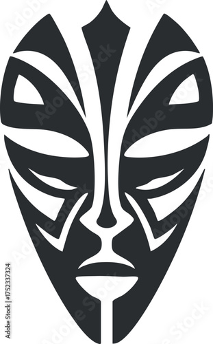 Black and white tribal mask design with intricate patterns and abstract facial features.