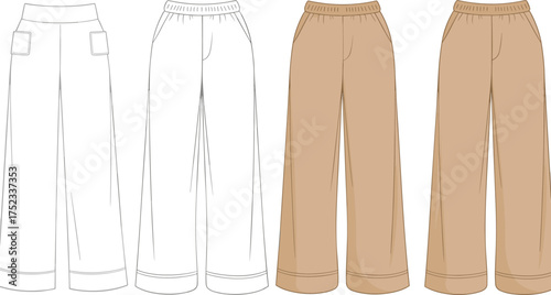 Wide leg elastic waist pants flat sketch, front and back view, fashion CAD drawing, comfortable lounge trousers vector illustration