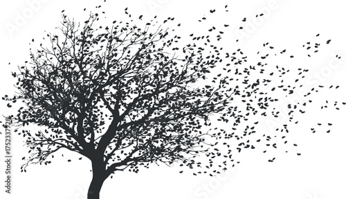 Silhouette of a tree with leaves blowing in the wind, illustrating nature's dynamic motion.