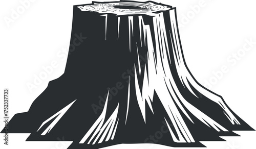 Black and white illustration of a tree stump with detailed wood texture design.