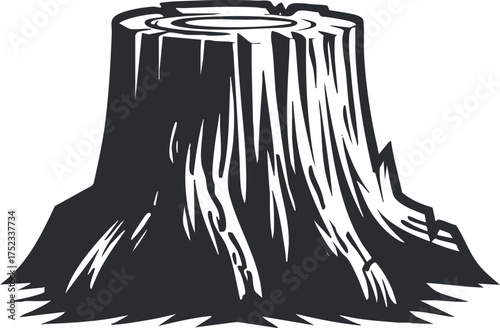 Black and white illustration of a tree stump with detailed wood texture and bark patterns.