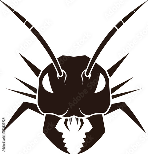 A minimalist vector illustration depicts a close-up of an ant's head with prominent mandibles, rendered in a stark black and white graphic style against a plain