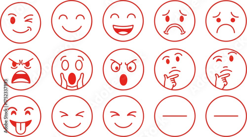 Fifteen red outline emoji icons expressing different emotions like happiness, sadness, and anger are arranged on a white background in a vector graphic style.