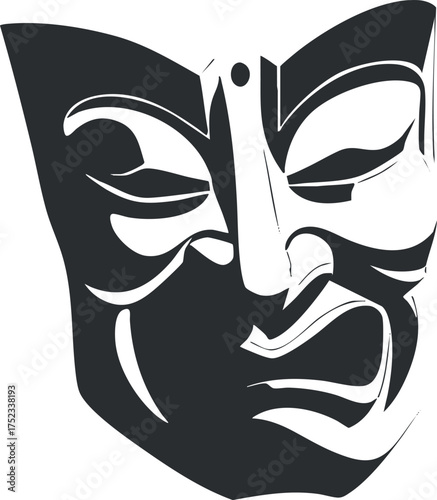Tragic theater mask black and white vector illustration