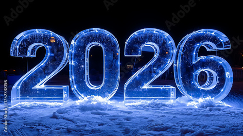 Large ice sculpture of the numbers 2026, illuminated by cool white and blue LED lights, displayed outdoors at night.