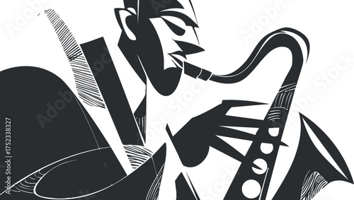 Abstract black and white illustration of a saxophonist playing jazz with dynamic geometric shapes.