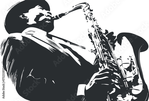 Silhouette of a jazz musician passionately playing the saxophone in an artistic illustration.