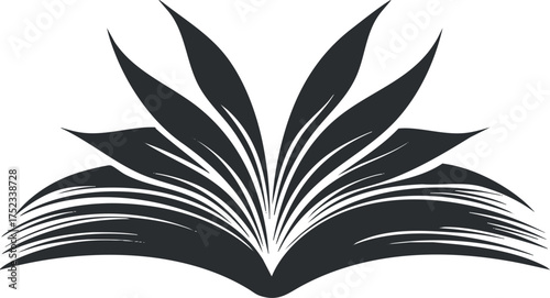 Abstract black and white illustration of an open book with stylized, flowing pages.