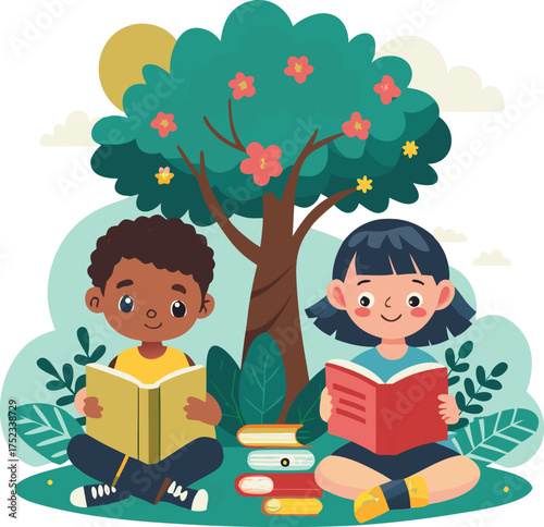 Kids Reading Books Under Tree – Outdoor Learning Concept