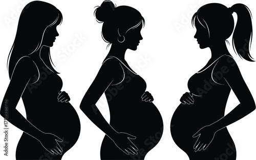 Collection of three pregnant women silhouettes in profile view.