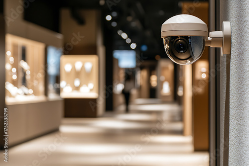 Security camera surveys a display area. Modern design and technology intersect in a secure environment. Protection in a stylish setting.