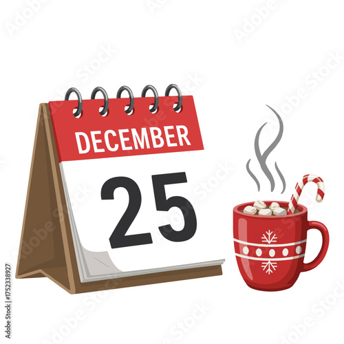 Decorative calendar marking December 25 with cup of hot cocoa no background  