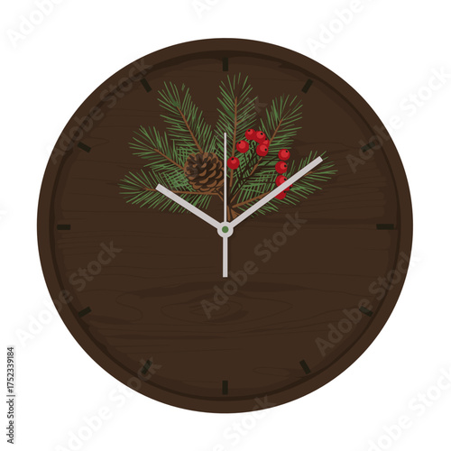 Rustic wall clock with pine branches and red berries design  