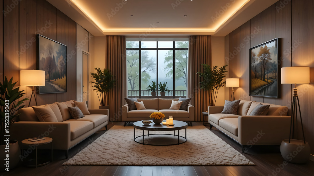 Fototapeta premium Symmetrical Luxury Living Room with Recessed Ceiling Lighting, Neutral Tan Sofas, Wood Paneling, and Large Central Window, Great for High-End Real Estate, Interior Design, and Home Comfort Concepts