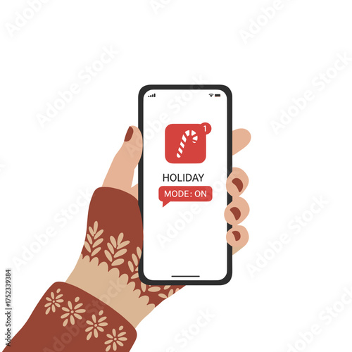 Hand holding smartphone with holiday mode activated on screen  