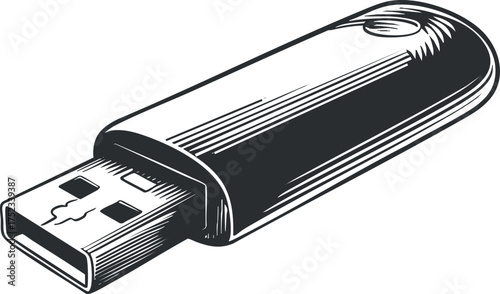 Monochrome illustration of a USB flash drive device for data storage and transfer.