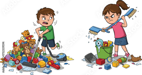 Children cleaning messy room, cartoon chore illustration, toy clutter scene, emotional contrast behavior, playful household task, colorful activity moment