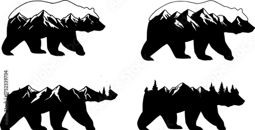 Bear silhouette filled with a detailed mountain landscape, trees, and a sun. Perfect for nature, wildlife, or hiking-themed t-shirt designs, stickers, and other uses.