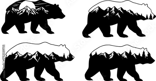 Bear silhouette filled with a detailed mountain landscape, trees, and a sun. Perfect for nature, wildlife, or hiking-themed t-shirt designs, stickers, and other uses.