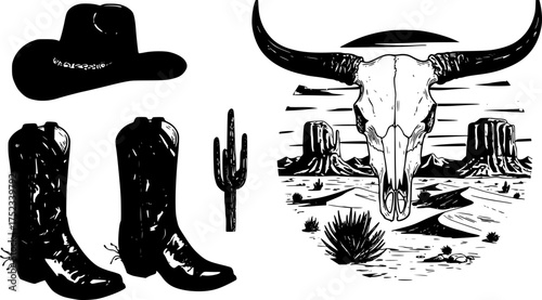 Transparent PNG available
Western desert scene hand-drawn vector set. Cowboy hat, boot, bull skull with cactus, and landscape. Perfect for t-shirt designs, posters, stickers, and other uses.