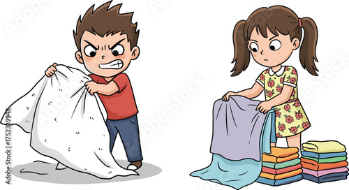 Children doing laundry, cartoon chore scene, emotional contrast illustration, folding clothes, angry sheet pulling, household activity, playful domestic moment