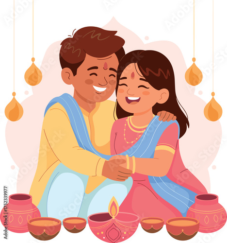 Brother and sister embracing with diyas and pots family