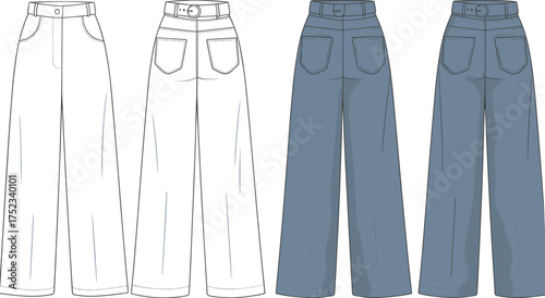 High waist wide leg jeans fashion cad, flat technical pants sketch, denim back pocket style vector template, front rear view
