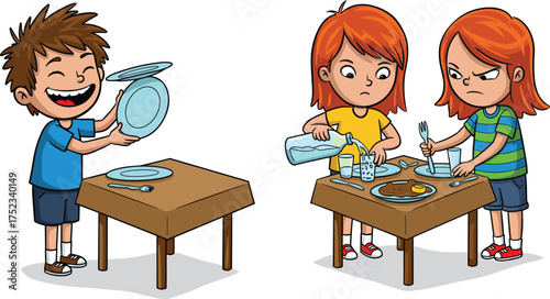 Children dining together, cartoon kids eating, tableware interaction, happy mealtime, food preparation, family meal concept, playful kitchen scene, educational illustration