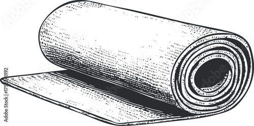 Black and white sketch illustration of a rolled yoga mat, symbolizing fitness and wellness.