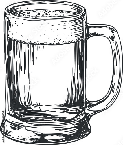 Hand-drawn illustration of a frothy beer mug filled with beverage in black and white.