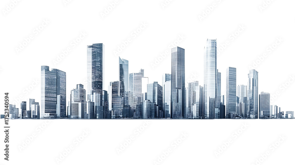 Fototapeta premium Panoramic Cityscape of Tall Buildings in Shades of Blue and Gray skyline skyscrapers