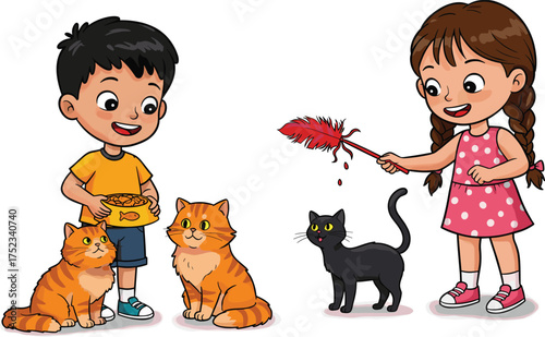 Children feeding and playing with cats, cartoon pet care scene, animal interaction illustration, playful bonding moment, domestic companionship concept