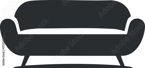 Black silhouette of a modern sofa icon for interior design and furniture illustrations.