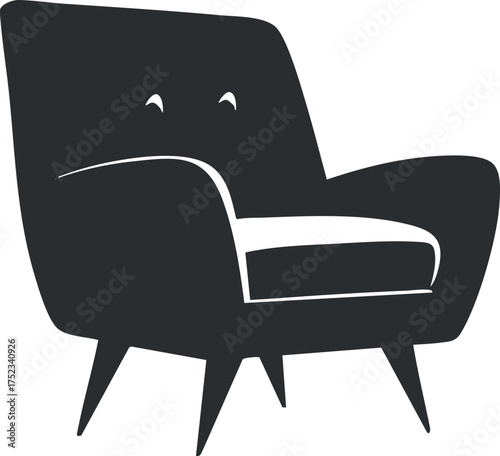 Black silhouette of a modern armchair with a retro design and sleek lines.