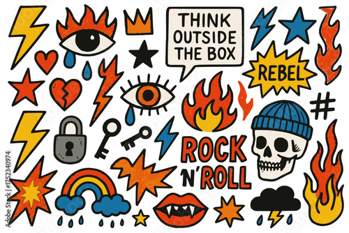 Rock and Roll Cartoon Collage with Bold Symbols and Expressive Pop Art Style