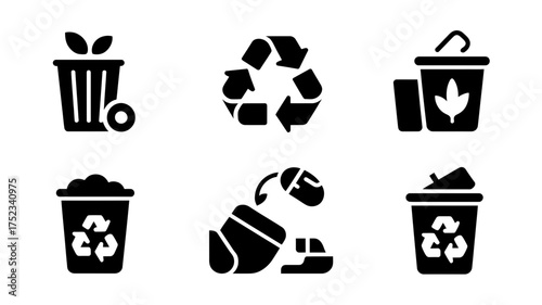 Collection of simple icons representing recycling and waste management with leaves symbolizing nature and sustainability.
