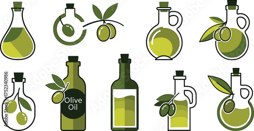 Collection of stylized olive oil bottles and branches with olives Keywords: olive oil, bottle, glass, container, liquid, green, health, food, cooking, ingredient, organic, natural, extra virgin