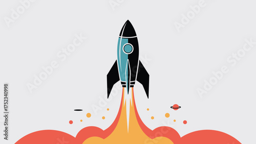 Futuristic rocket blasting off into space with vibrant orange flames and smoke against a light background.