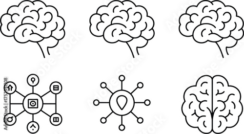 Conceptual icons representing the human brain, neural network, and interconnected ideas.