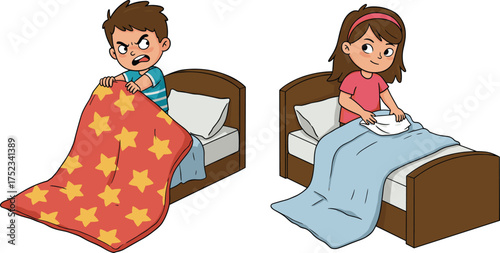 Children making their beds in the morning, boy upset while girl smiling, daily routine, bedroom chores, family discipline, home learning