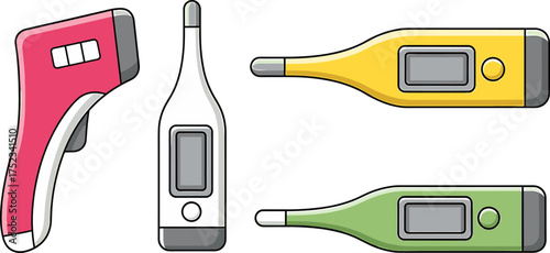 Group of Four Medical Thermometers Including a Non- Contact Infrared Thermometer Keywords: thermometer, medical, health, temperature, fever, measurement, device, healthcare, illness, sickness