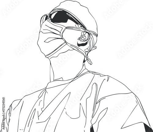 Line art illustration of a masked surgeon wearing scrubs and glasses, symbolizing healthcare professionals.