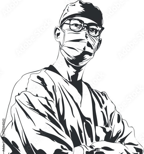 Black and white illustration of a surgeon in scrubs and mask, symbolizing medical profession.