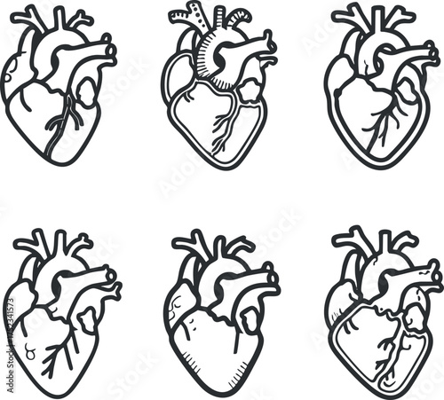 Set of six anatomical heart illustrations in black and white vector design.