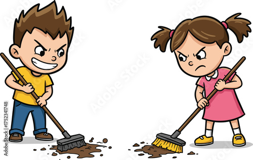 Children sweeping dirt, cartoon cleaning conflict scene, playful household chore illustration, emotional contrast behavior, broom competition moment