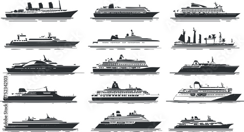 Collection of cruise ship silhouettes showcasing various styles for nautical and travel themes.