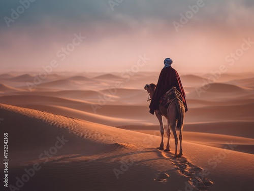 A nomad and their camel journey across rolling sand dunes, captured as a dramatic silhouette against the warm, golden light of a desert sunset.