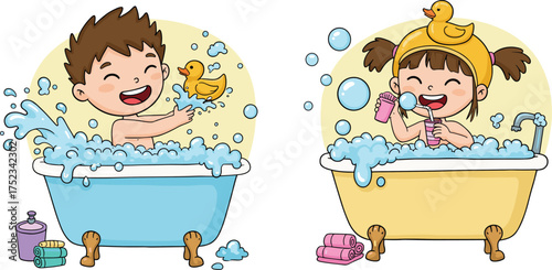 Children taking bubble baths, cartoon hygiene scene, playful bath time illustration, rubber duck fun, cheerful cleaning moment, bathroom activity