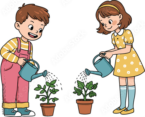 Children watering plants, cartoon gardening scene, nature care illustration, playful outdoor activity, potted plant moment, educational responsibility concept