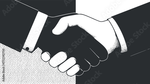 Monochrome illustration of a handshake symbolizing partnership and agreement in a business setting.